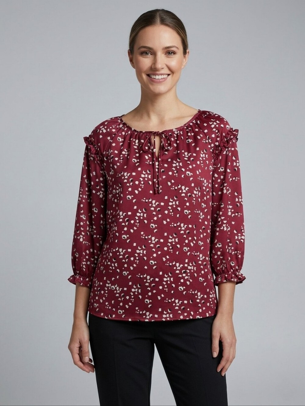 Como Blu Floral Peasant Blouse Sleeves 3/4 size M Top